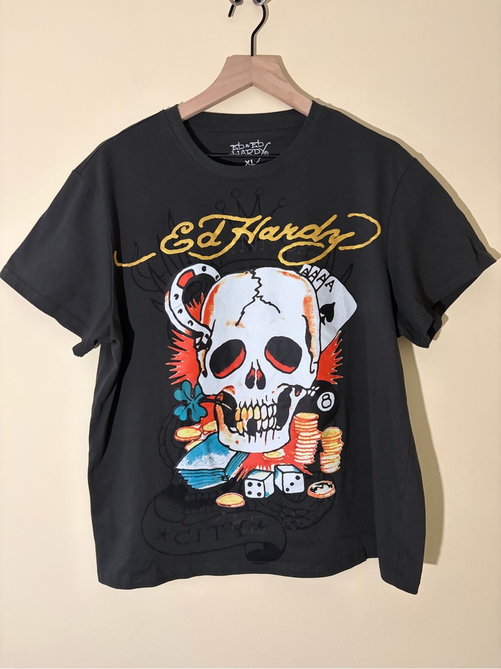 Ed Hardy Ace Skull Charcoal Gray T-Shirt